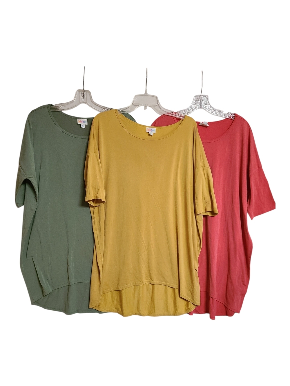LuLaRoe Irma Tunic Bundle XL Lot of 3 High Low Hem Short Sleeve Green Red Gold